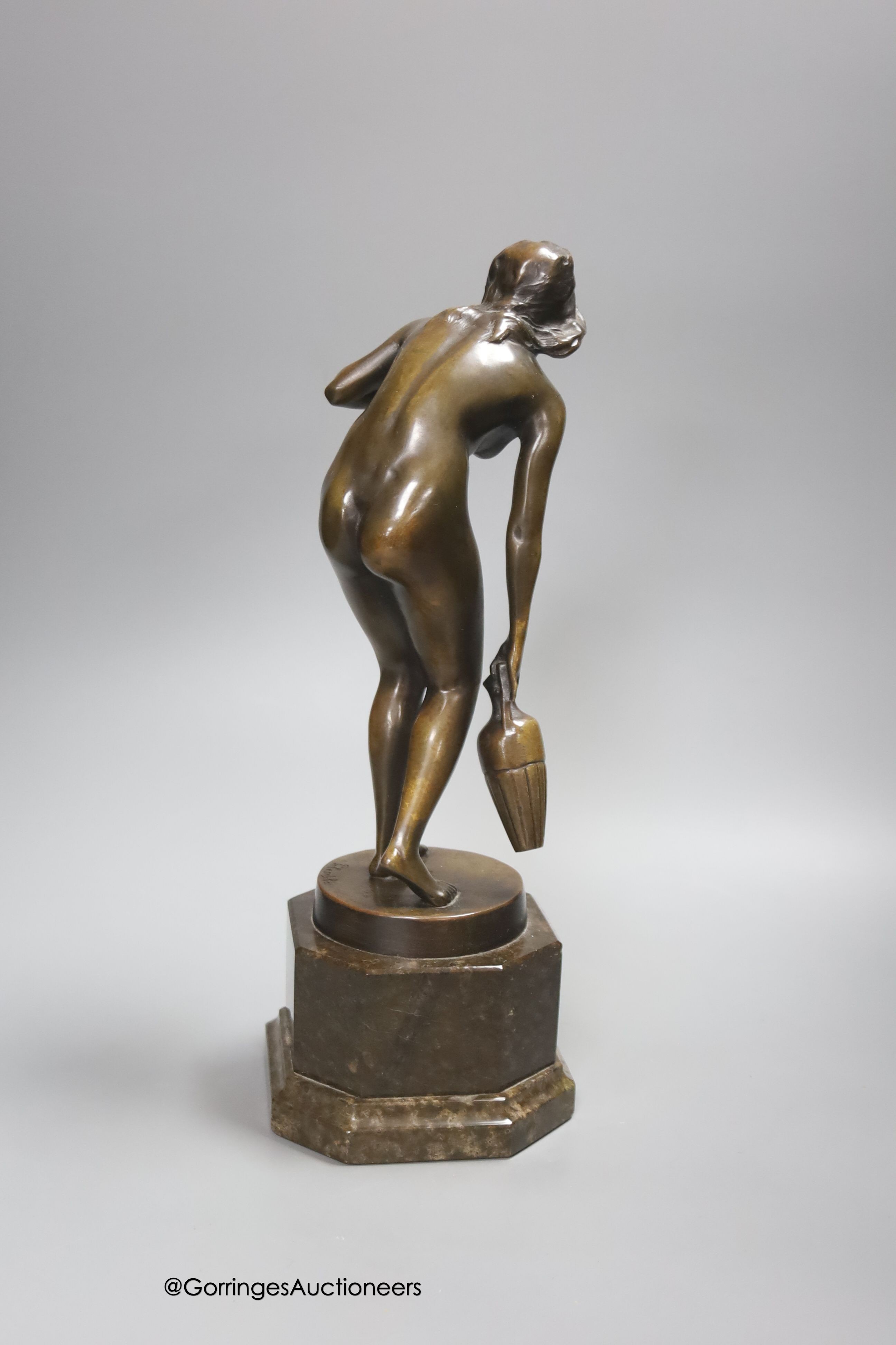 Franz Peleschka Lunar (b.1873). A bronze of a maiden carrying a water jug, on serpentine base, height 34cm